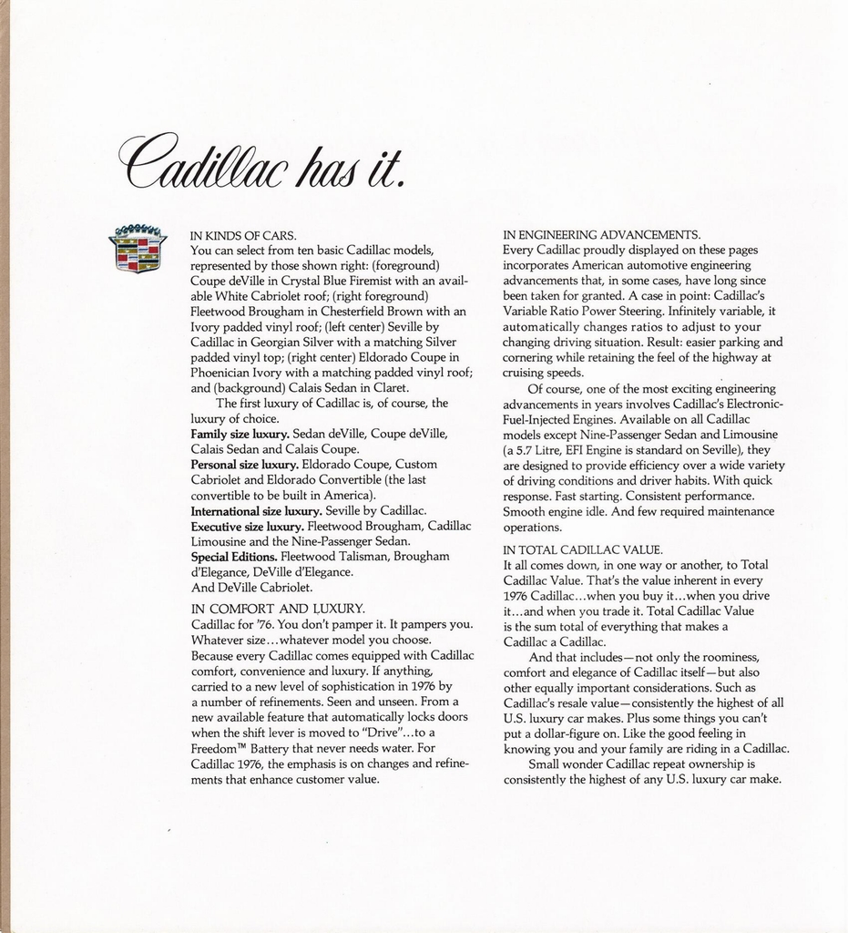 1976 Cadillac Full-Line Prestige Brochure Page 1